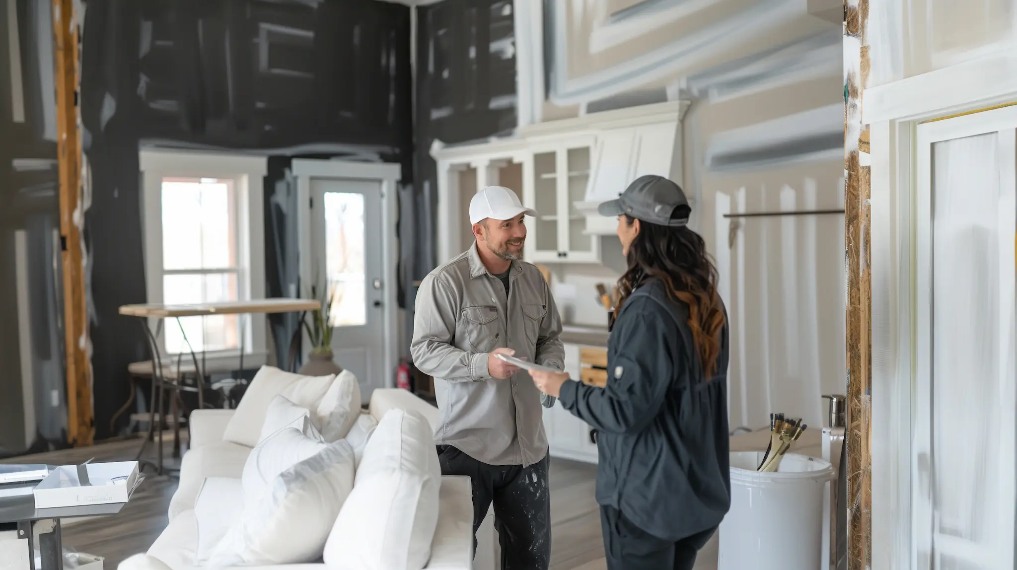 man woman are standing living room with couch lamp